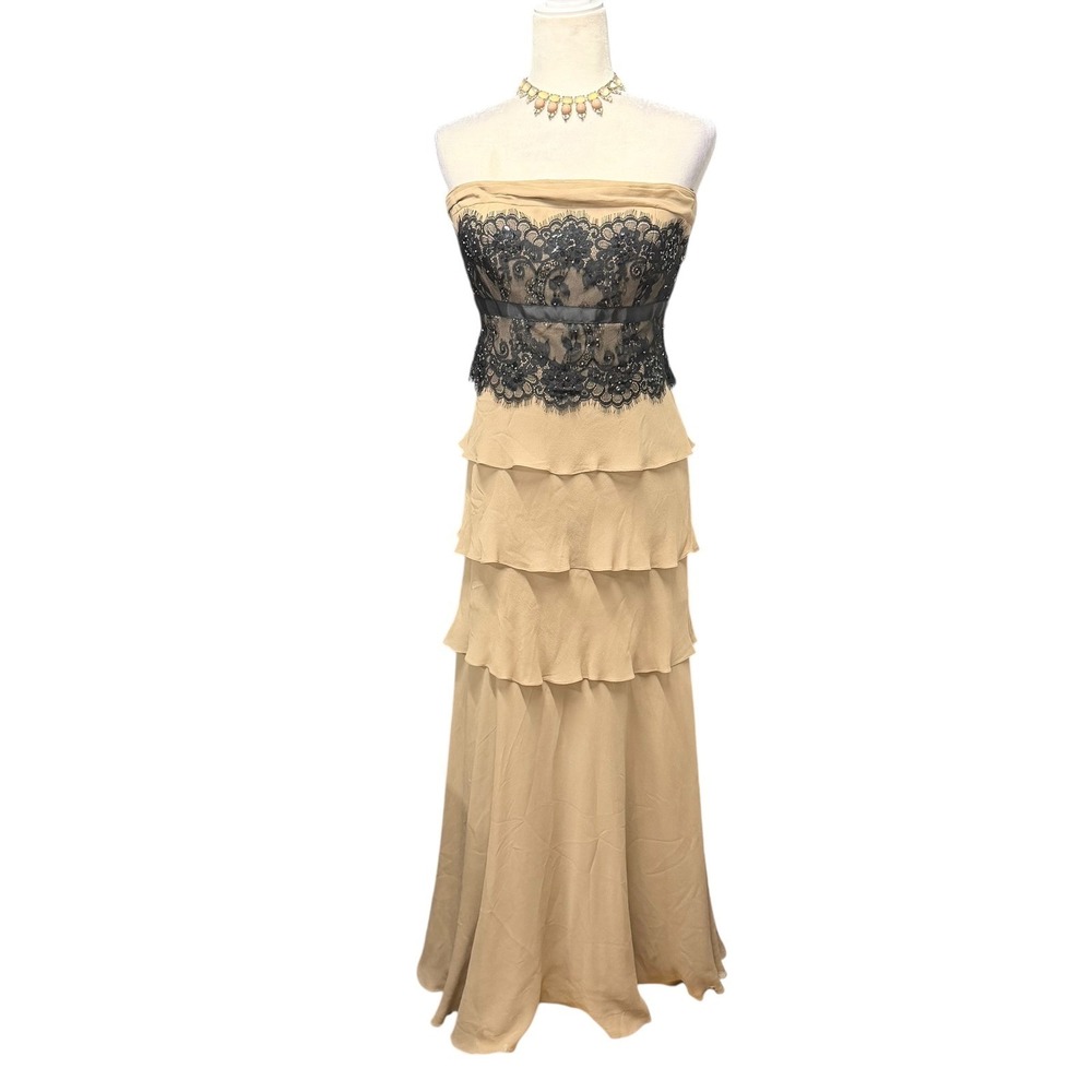 Tadashi‎ Collection Gown Womens 10 Tan Black Lace Strapless Tiered Silk Romantic
